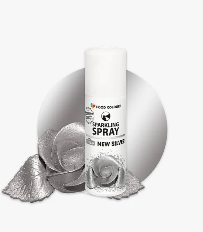 Stříbrná jedlá barva ve spreji Food Colours New Silver pro zdobení dortů a dezertů s kovovým leskem