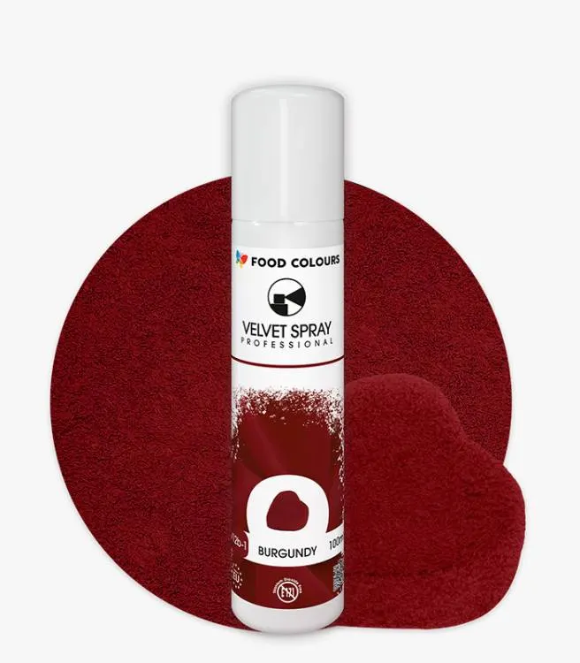 Sametový sprej Food Colours v odstínu Burgundy pro dekoraci dortů a moderních dezertů s jemným sametovým efektem