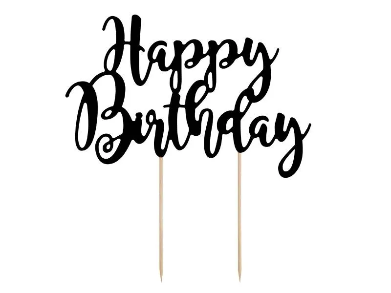 Zápich do dortu PartyDeco s nápisem Happy Birthday v černé barvě na narozeninový dort