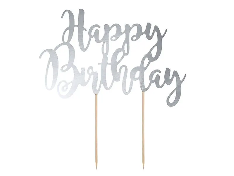 Zápich do dortu PartyDeco s nápisem Happy Birthday ve stříbrné barvě na narozeninové dekorace