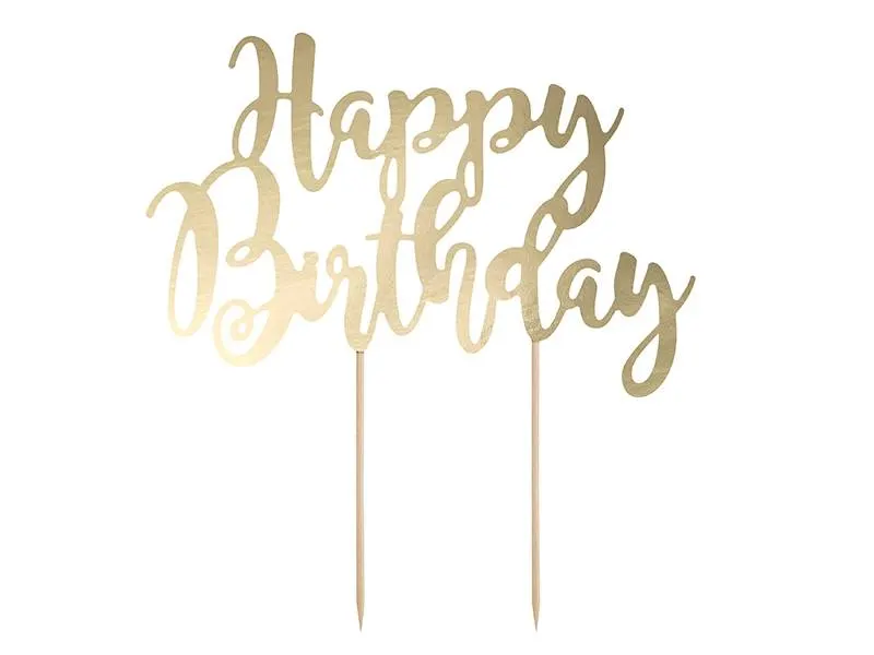 Zlatý zápich do dortu s nápisem Happy Birthday od značky PartyDeco, určený k dekoraci narozeninových dortů