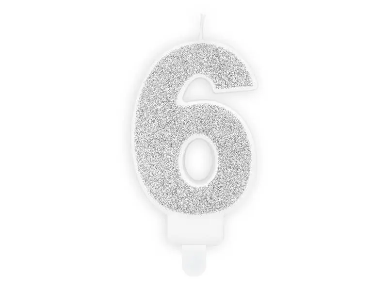 Stříbrná svíčka ve tvaru číslice 6 značky PartyDeco, výška 7 cm, k zdobení dortů a party dekorací