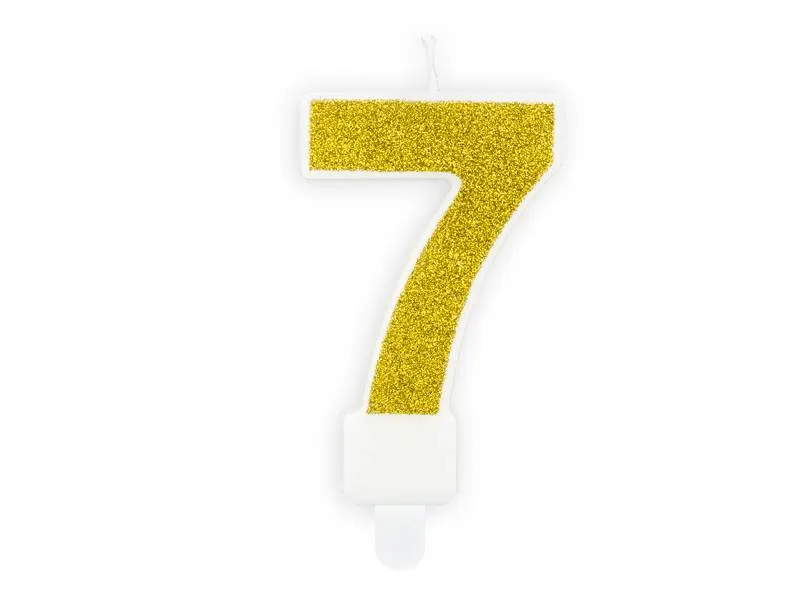 Zlatá svíčka ve tvaru číslice 7 značky PartyDeco, výška 7 cm, vhodná na dort k narozeninám nebo jiné oslavě