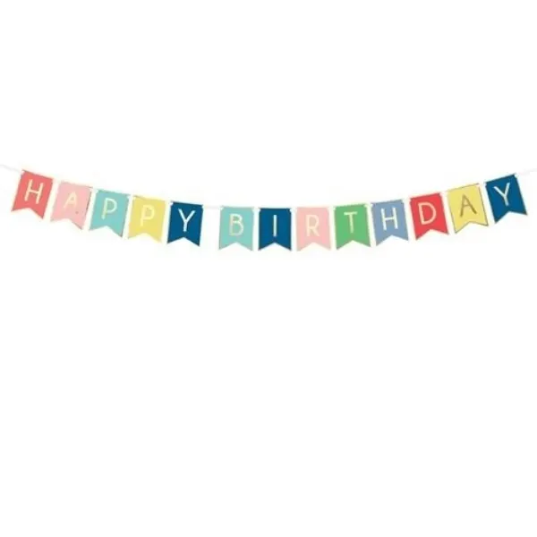 Party nápis z vlaječek s barevným mixem a textem Happy Birthday, značka PartyDeco, délka 175 cm, k výzdobě narozeninové oslavy