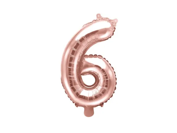Foliová balónková číslice 6 v barvě rose gold o velikosti 35 cm od značky PartyDeco na narozeninovou oslavu nebo svatbu
