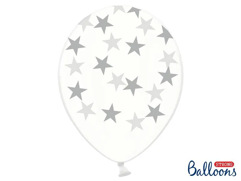 Průhledné balónky se stříbrnými hvězdami PartyDeco v balení 6 kusů k výzdobě oslav