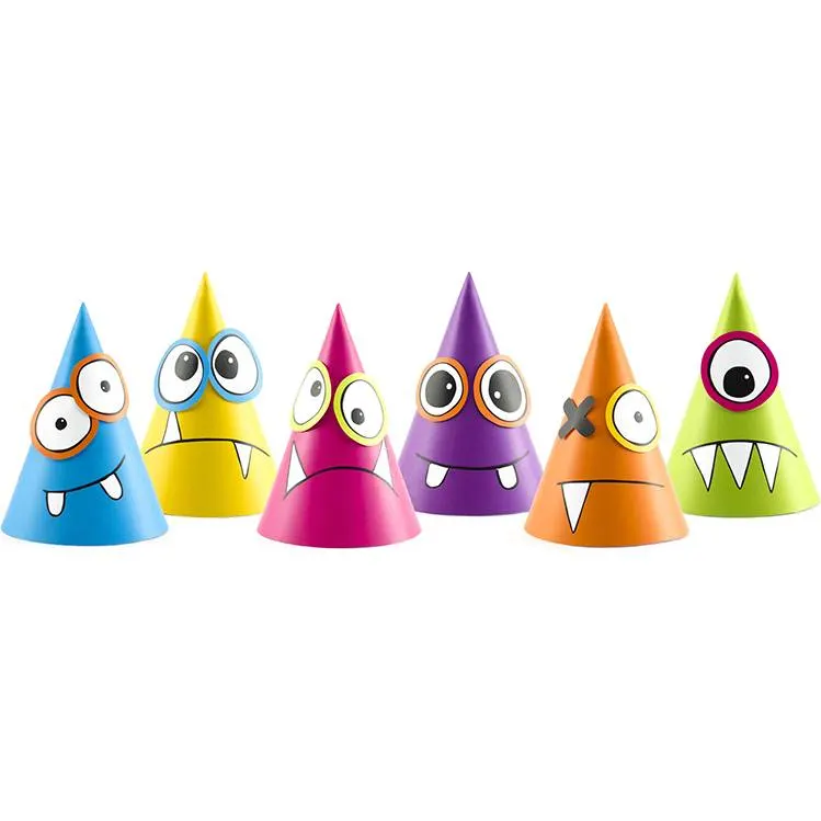 Párty čepičky Monster od značky PartyDeco, sada 6 kusů barevných papírových čepiček s motivem příšerek