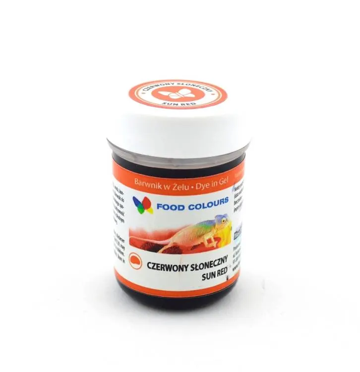 Gelová potravinářská barva Food Colours v zářivě červeném odstínu Sun Red o objemu 35 g pro barvení dortů, marcipánu a krémů