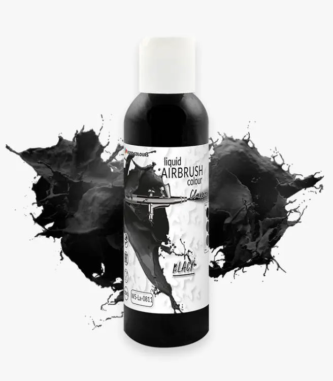 Tekutá airbrush barva Food Colours v černém odstínu pro zdobení dortů a potahovacích hmot, objem 135 ml