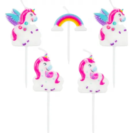 Svíčky na dort Unicorn od značky Godan v sadě 5 kusů s motivem jednorožce pro dětské narozeniny a pohádkové oslavy