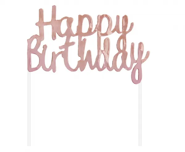 Dekorace na dort v odstínu rose gold s nápisem Happy Birthday o rozměru 11x14 cm