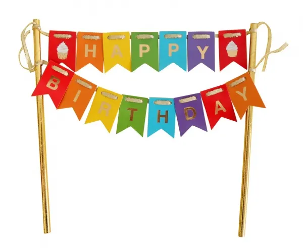 Dekorace na dort Happy Birthday v duhových barvách od značky Godan, 19,5 cm, k zdobení narozeninových dortů