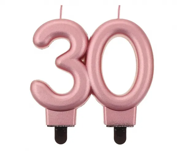 Narozeninová svíčka ve tvaru číslice 30 v metalickém provedení rose gold, výška 8 cm, značky Godan
