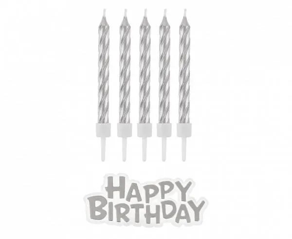 Stříbrné dortové svíčky Godan s nápisem Happy Birthday, sada 16 kusů na narozeninový dort