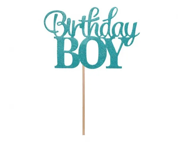 Modrá glitrová dekorace s nápisem Birthday Boy na dort od značky Godan, rozměr 10 x 7 cm