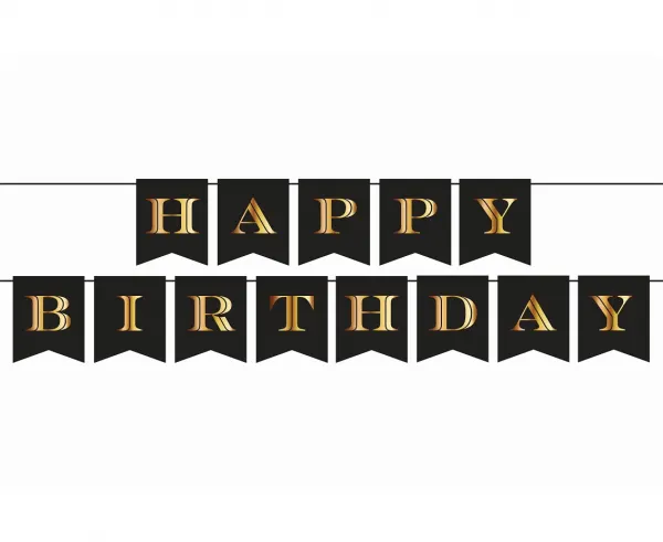 Party girlanda s nápisem Happy Birthday v černo zlatém provedení, délka 250 cm, papírová dekorace na narozeninové oslavy