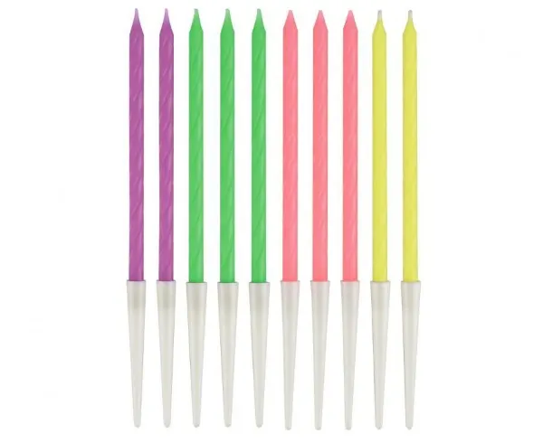 Dortové svíčky Godan Neon twister ve tvaru spirály v makronkových barvách, 10 kusů o délce 13,5 cm s držátky