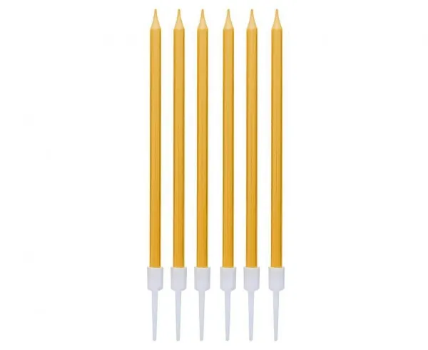 Zlaté metalické dortové svíčky s pevnými držátky, 6 kusů, výška 13,5 cm, na zapíchnutí do narozeninového dortu