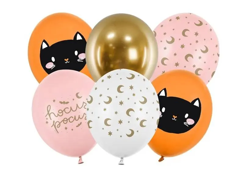 Balónky PartyDeco s motivem černé kočky na halloweenskou party, šest barevných kusů o velikosti 30 cm