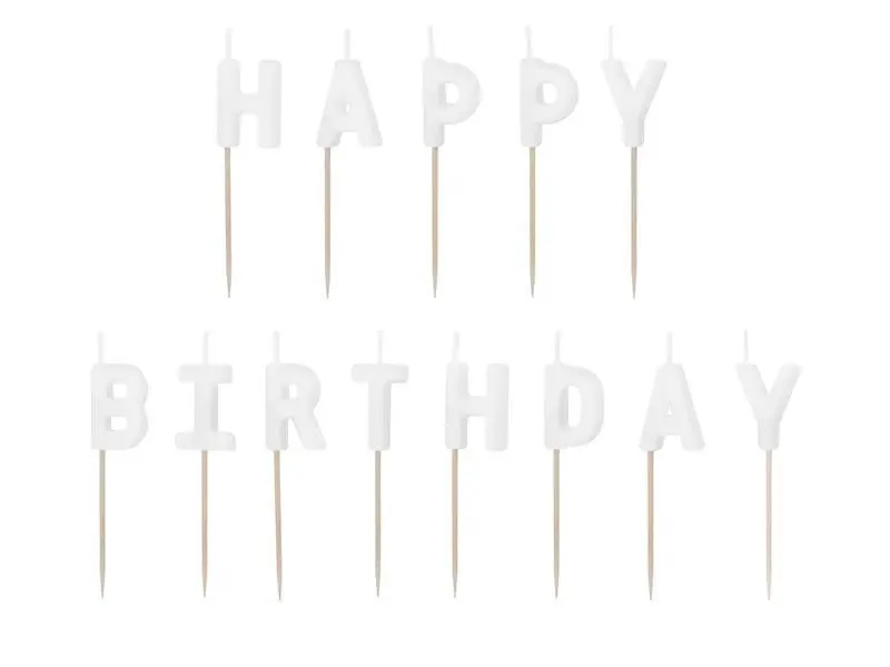 Bílé dortové svíčky PartyDeco s nápisem Happy Birthday pro zdobení narozeninových dortů a cupcakes