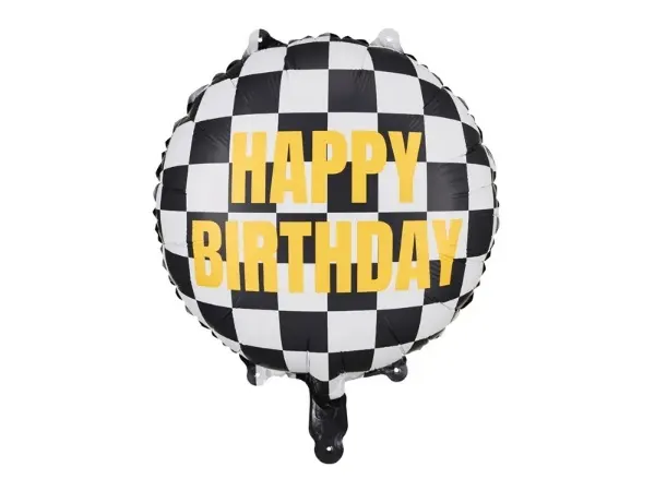 Foliový balonek s motivem závodních aut a nápisem Happy Birthday o průměru 45 cm od značky PartyDeco