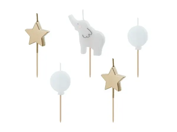 Svíčky ve tvaru slona od značky PartyDeco, sada 5 kusů pro zdobení dortů a cupcakes na dětské narozeniny