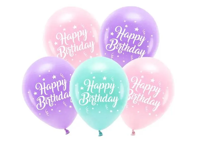 Eco balónky PartyDeco s nápisem Happy Birthday v růžové, fialové a tyrkysové barvě, sada 5 kusů na narozeninovou oslavu