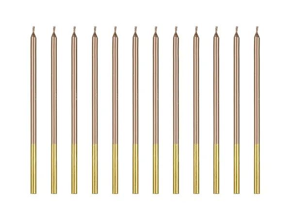 Vysoké metalické dortové svíčky v odstínu rose gold, 12 kusů, výška 14 cm, vhodné na dort a narozeninové oslavy