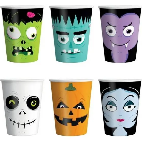 Papírové halloweenské kelímky s motivem monster o objemu 220 ml, balení 6 kusů, vhodné na party a dětské oslavy