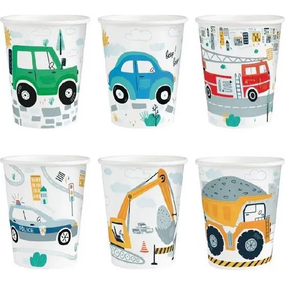 Papírové kelímky ve tvaru auta o objemu 220 ml, balení 6 kusů, pro dětské oslavy