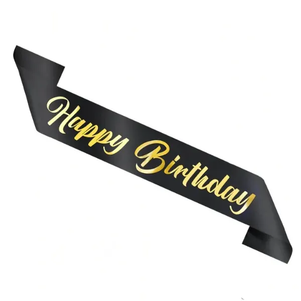 Narozeninová šerpa Happy Birthday v černé barvě se zlatým nápisem, značka Party Pal, délka 160 cm