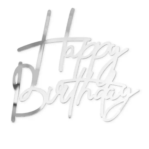 Stříbrný zrcadlový zápich s nápisem Happy Birthday od značky Party Pal na zdobení narozeninových dortů