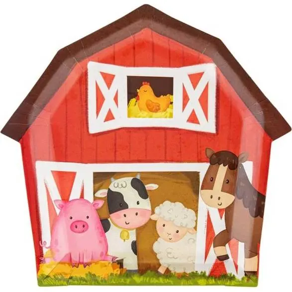 Papírové talířky s motivem farmy, čtvercové 20x20 cm, balení 6 ks, jednorázové na dětskou oslavu