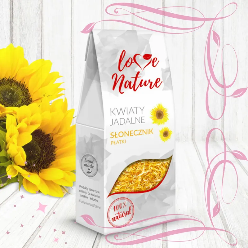 Sušené jedlé okvětní lístky slunečnice značky Love Nature v balení 15 g na zdobení dortů a dezertů