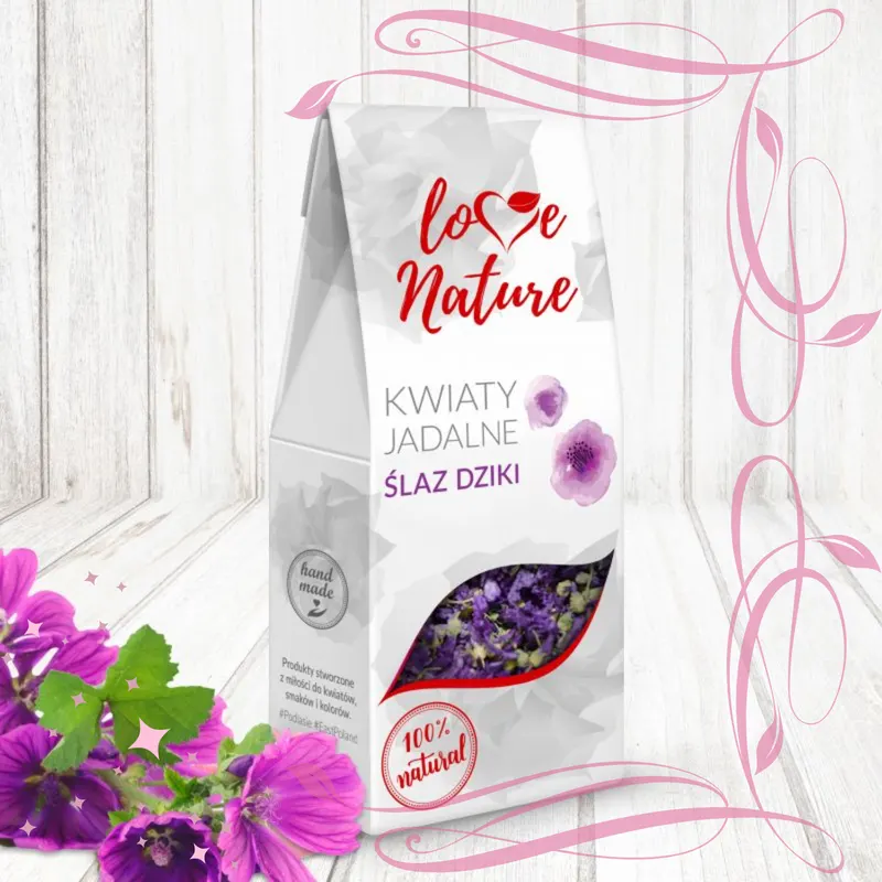 Sušené jedlé okvětní lístky divokého slézu značky LOVE NATURE v balení 15 g k zdobení dortů a zákusků