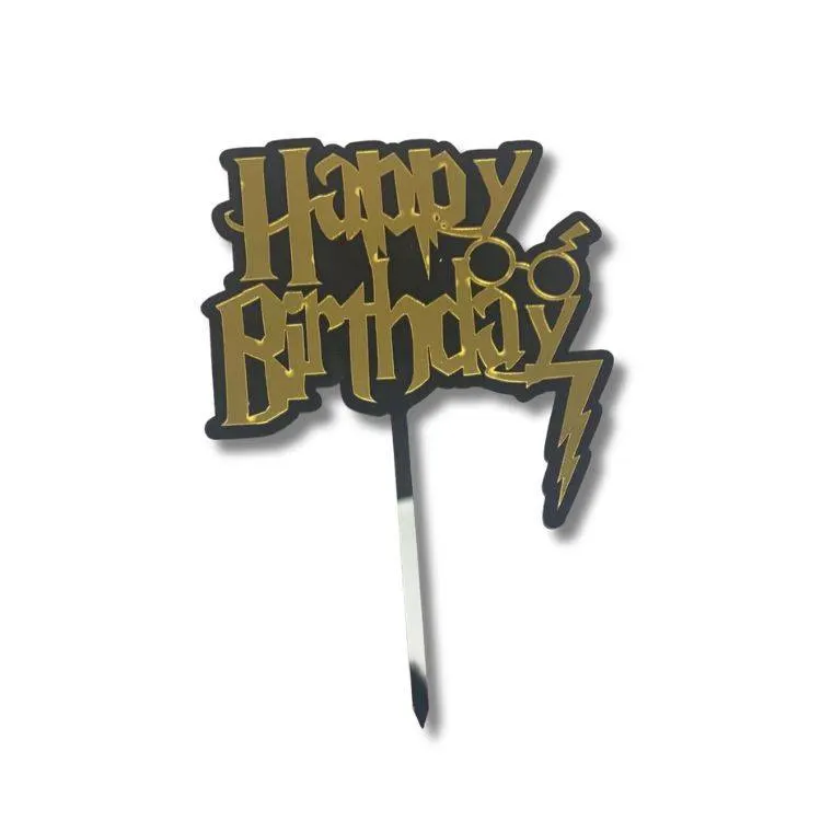 Zápich do dortu Happy Birthday v černo-zlaté barvě s kouzelnickým motivem na oslavu narozenin