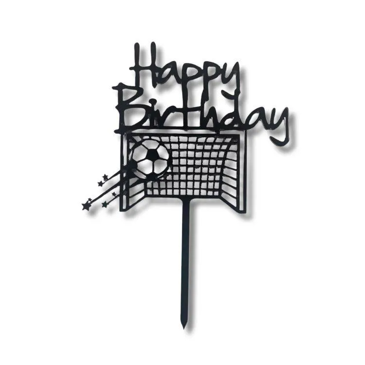 Černý zápich do dortu s fotbalovou brankou a nápisem Happy Birthday pro narozeninovou oslavu