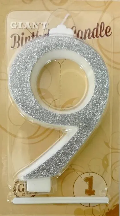 Velká stříbrná dortová svíčka ve tvaru číslice 9, výška 13 cm, vhodná na narozeninové dorty