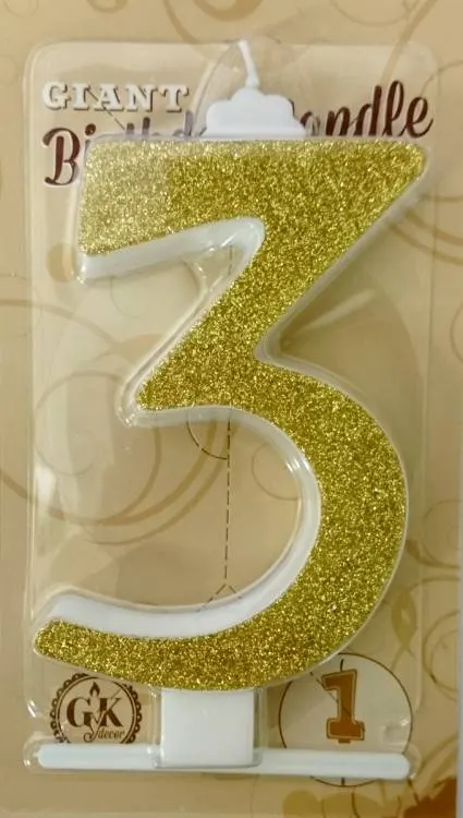 Velká zlatá svíčka ve tvaru číslice 3 výška 13 cm na dort a dekoraci oslavy