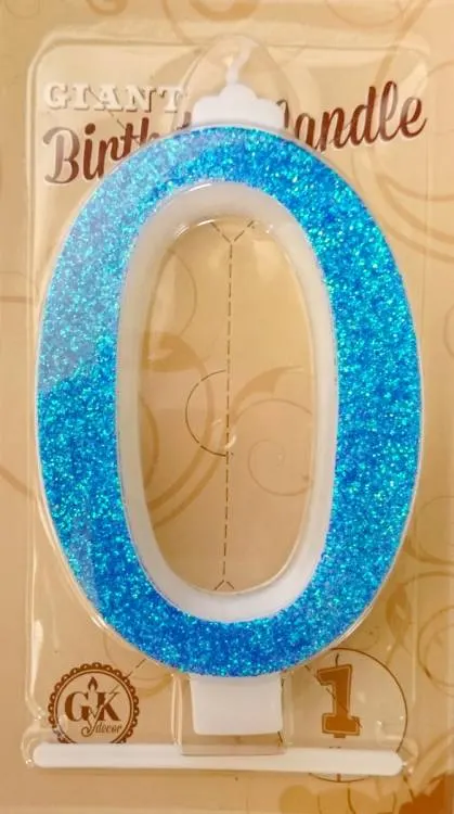Velká modrá dortová svíčka ve tvaru číslice 0, výška 13 cm, na narozeninové dorty a party dekorace