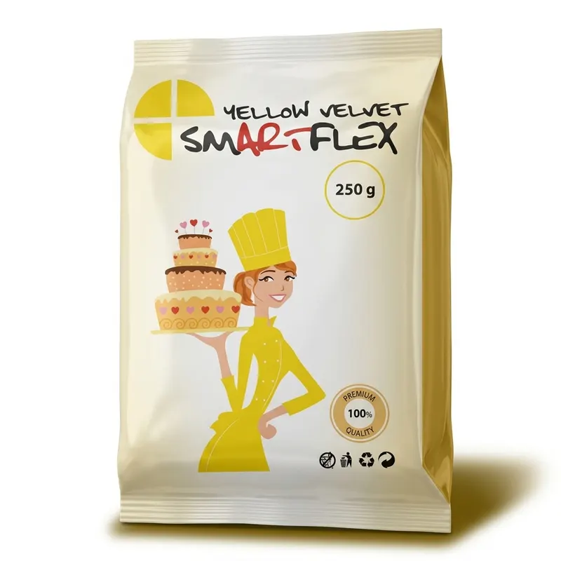 Potahovací dortová hmota Smartflex v žluté barvě s vanilkovou příchutí, 250 g, značka 4-Mix