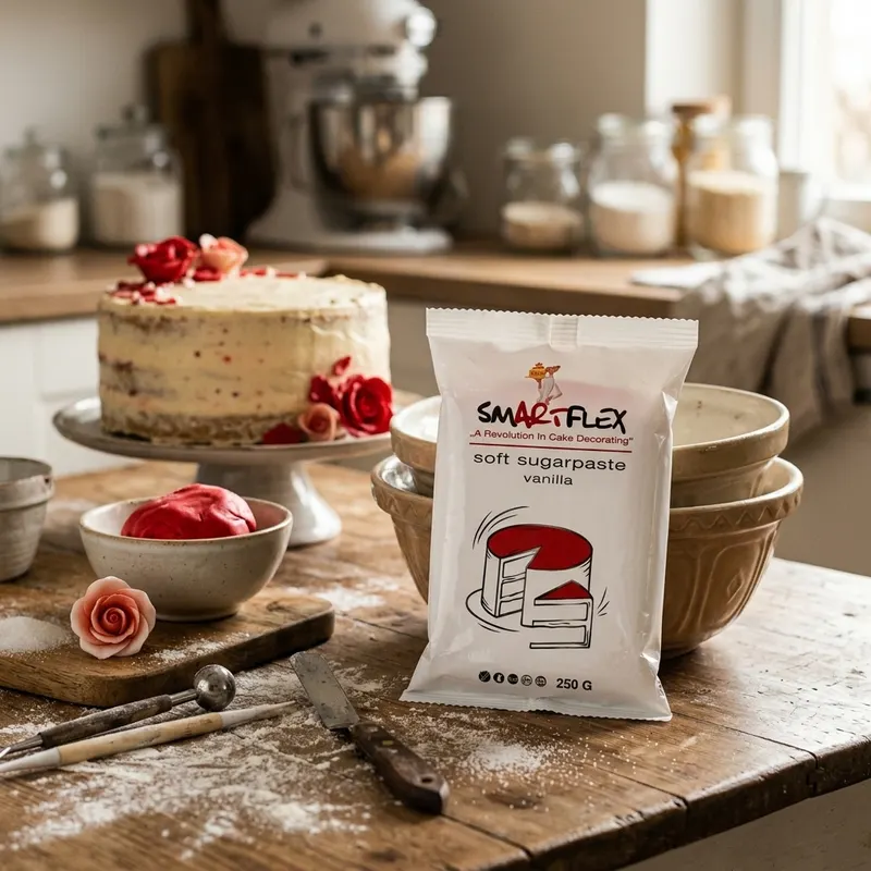 Měkký fondán 4-Mix Smartflex Soft v červené barvě s vanilkovou příchutí na potahování dortů