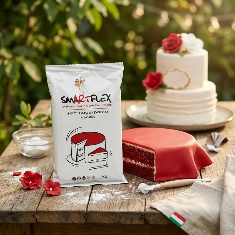 Měkčí potahovací fondán 4-Mix Smartflex Soft v červené barvě s vanilkovou příchutí na zdobení dortů