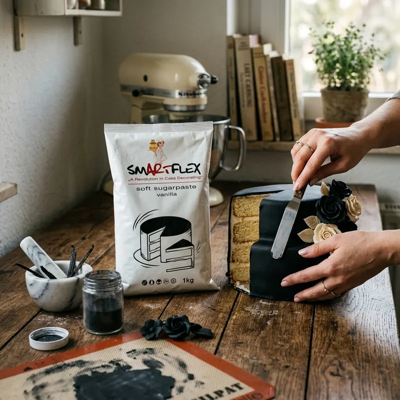 Měkčí fondán na dort značky 4-Mix v černé barvě s vanilkovou příchutí, balení 1 kg
