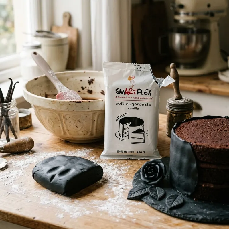 Černý vanilkový potahovací fondán Smartflex Soft značky 4-Mix o hmotnosti 250 g na dort a cupcakes