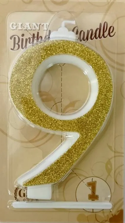 Zlatá dortová svíčka ve tvaru číslice 9 o výšce 13 cm pro zdobení narozeninového dortu