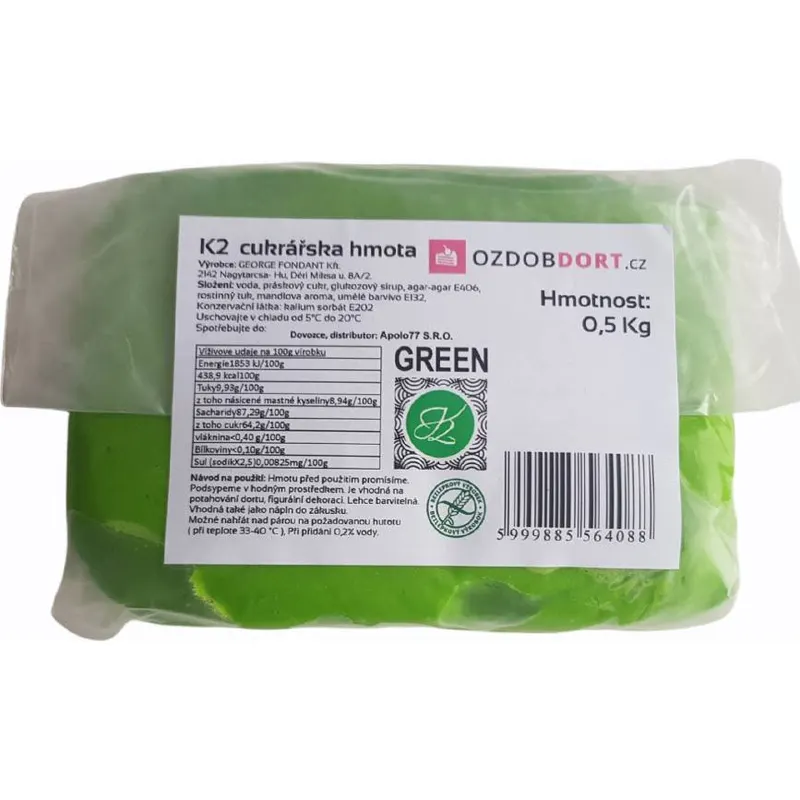 Zelená potahovací hmota K2 na dorty od značky Új-Stefánia, balení 0,5 kg pro zdobení a potahování dortů