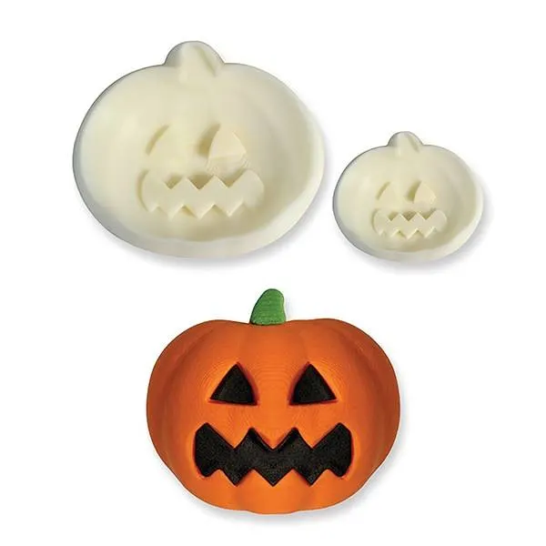 Plastová forma JEM ve tvaru dýně, dvě velikosti v balení, pro zdobení dortů a cukroví na Halloween
