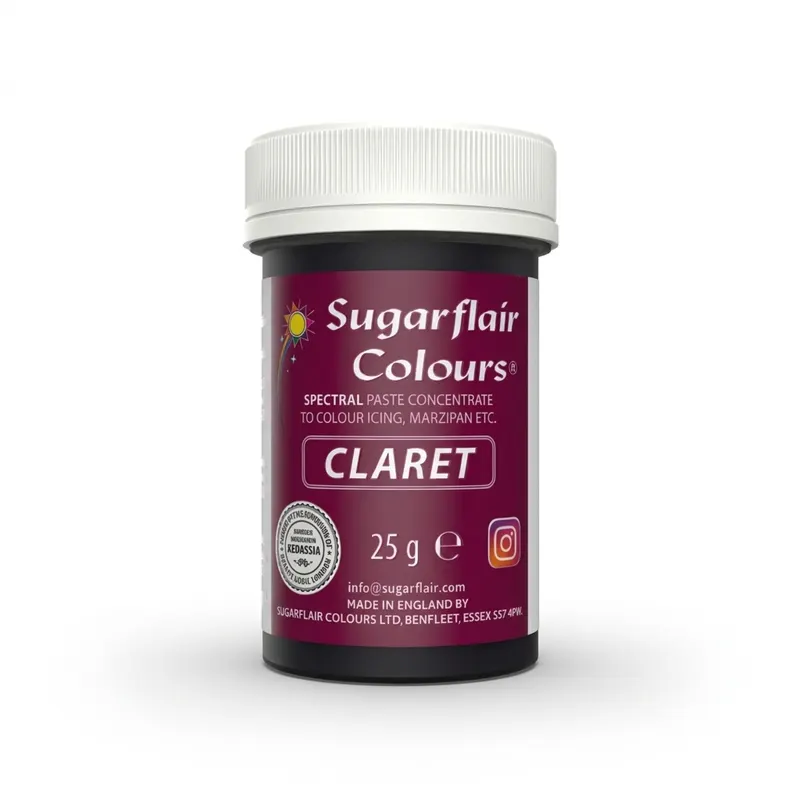 Gelová barva Sugarflair v odstínu claret, vinně červená pro probarvení dortů, polev a krémů, 25 g