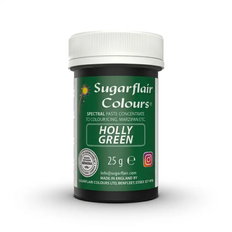 Gelová potravinářská barva Sugarflair v odstínu Holly Green, vánočně zelená, 25 g, pro obarvení krémů, marcipánu a dortů